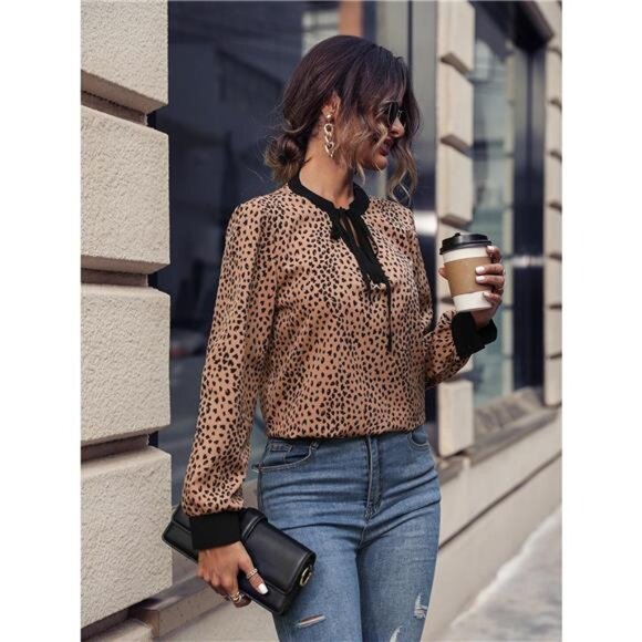 Animal Print Contrast Trim Tie Front Blouse - Picture 4 of 7